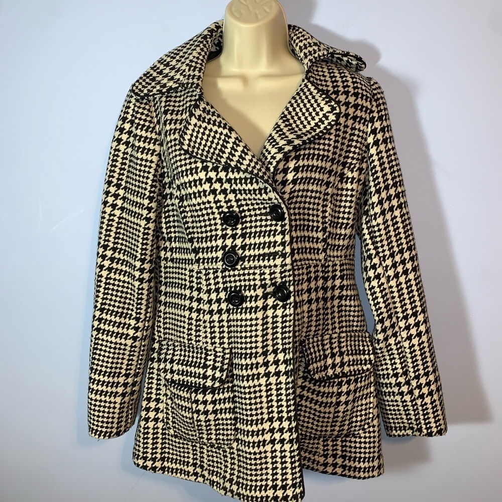 IZ Byer Women's Houndstooth Double-Breasted pea Coat size medium black white